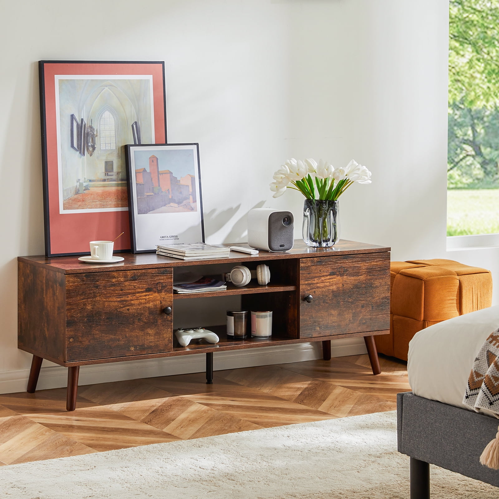 Brown Mid-Century Modern Wood TV Stand with Storage