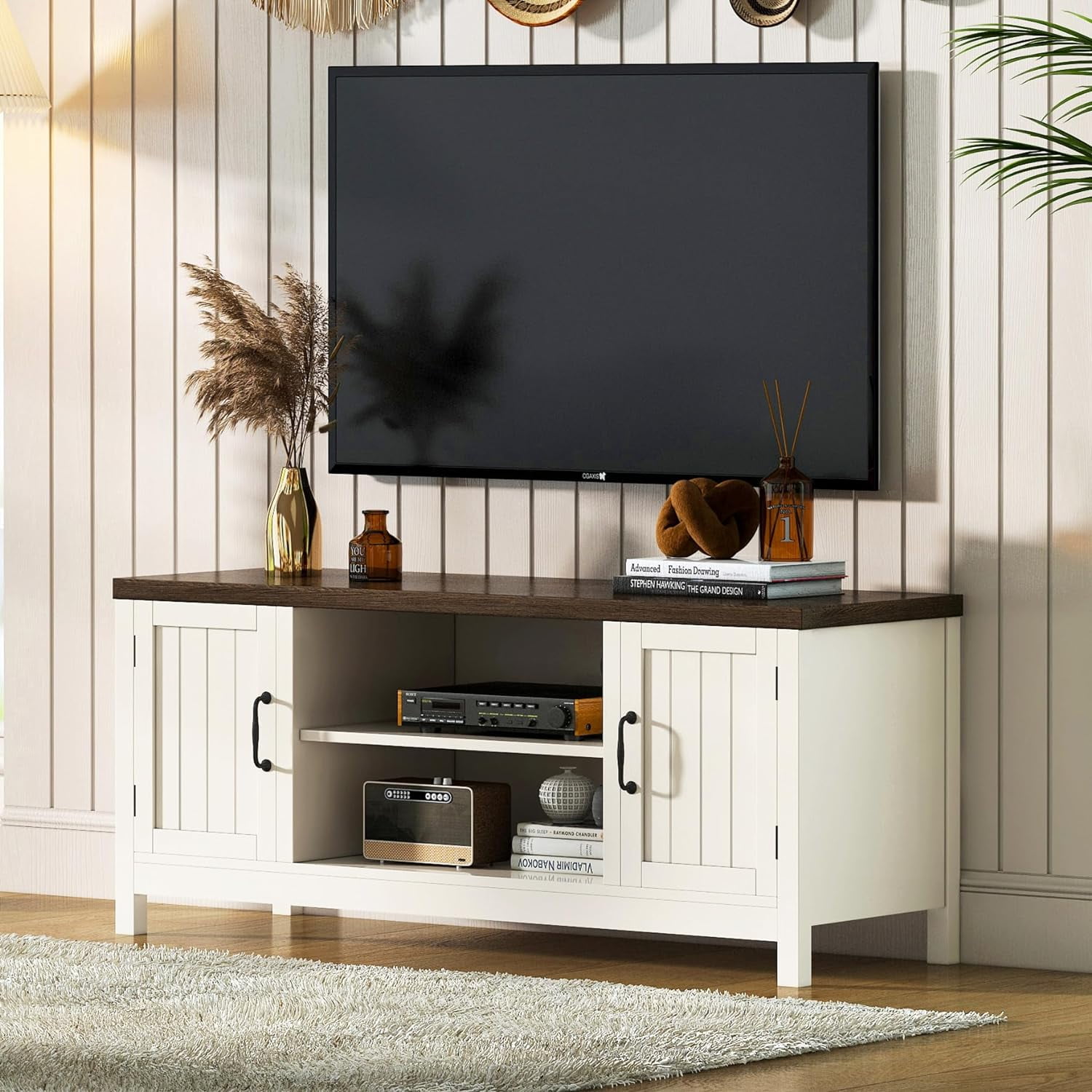 TV Stand, Wood Grooved Door Entertainment Center with Storage