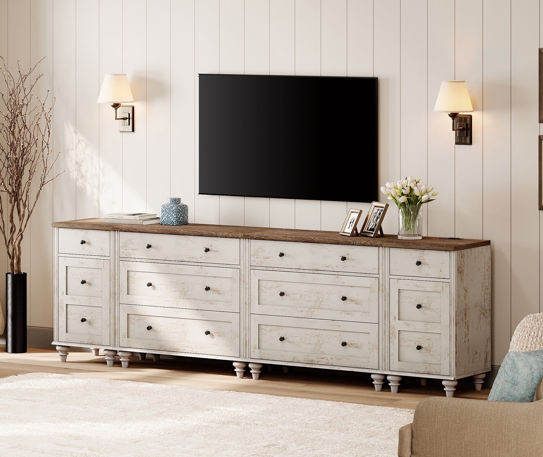 WAMPAT Farmhouse TV Stand for 100 Inch TV, 3-in-1 TV Console Table with Drawers and Ample Storages, Entertainment Center with Charging Station for Living Room, Rustic White