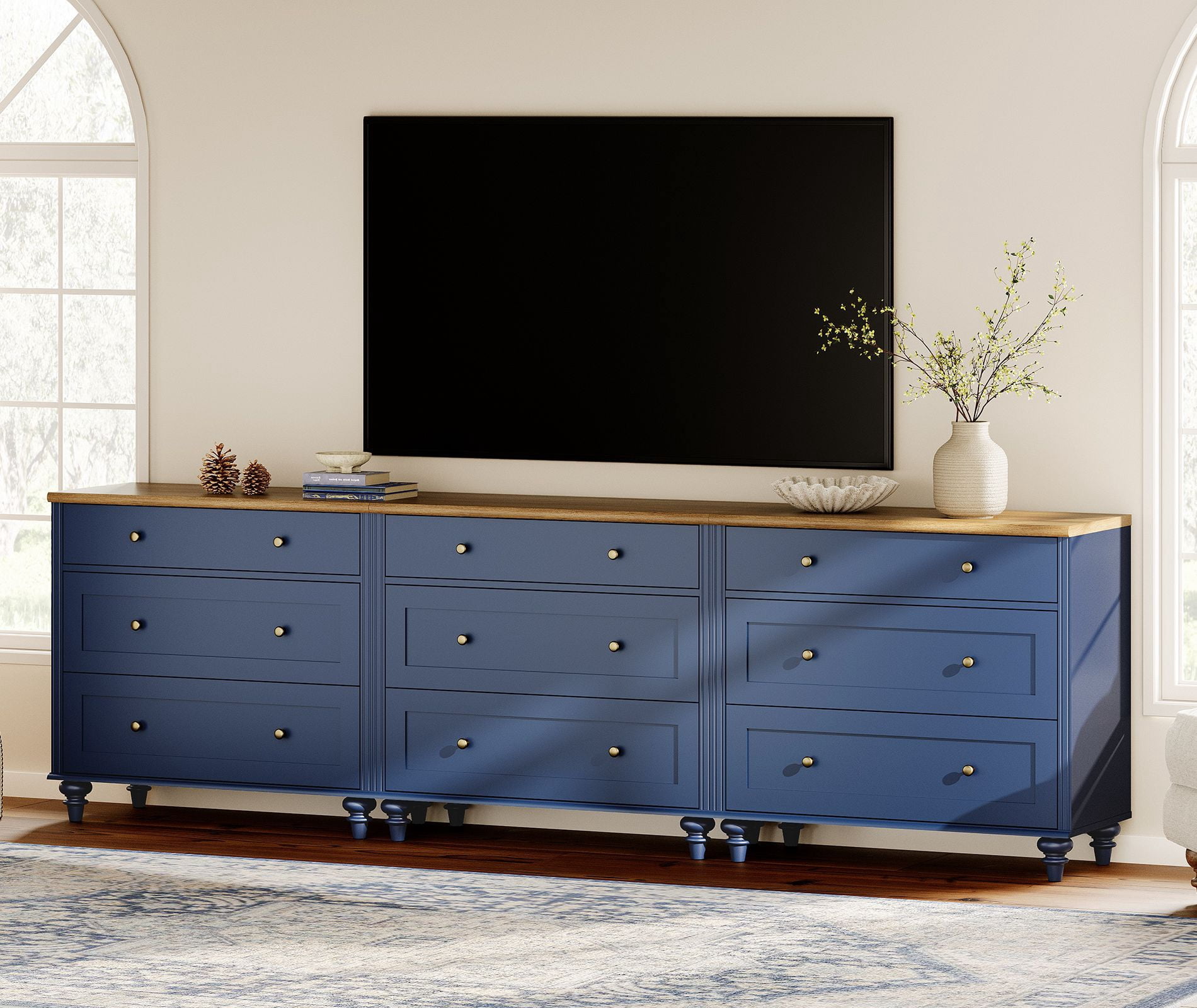 TV Stand for 100 Inch TV, Kitchen Buffet Sideboard with 9 Drawers, TV Cabinet for Living Room and Dining Room, Navy Blue