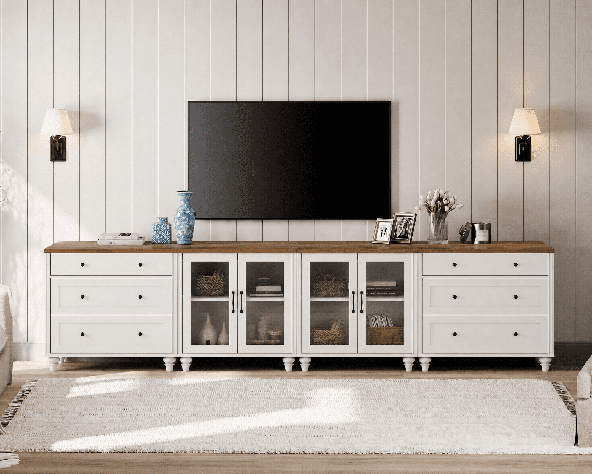 TV Stand for 100 Inch TV, TV Cabinet with 6 Drawers, Entertainment Centers with Glass Doors for Living Room, White