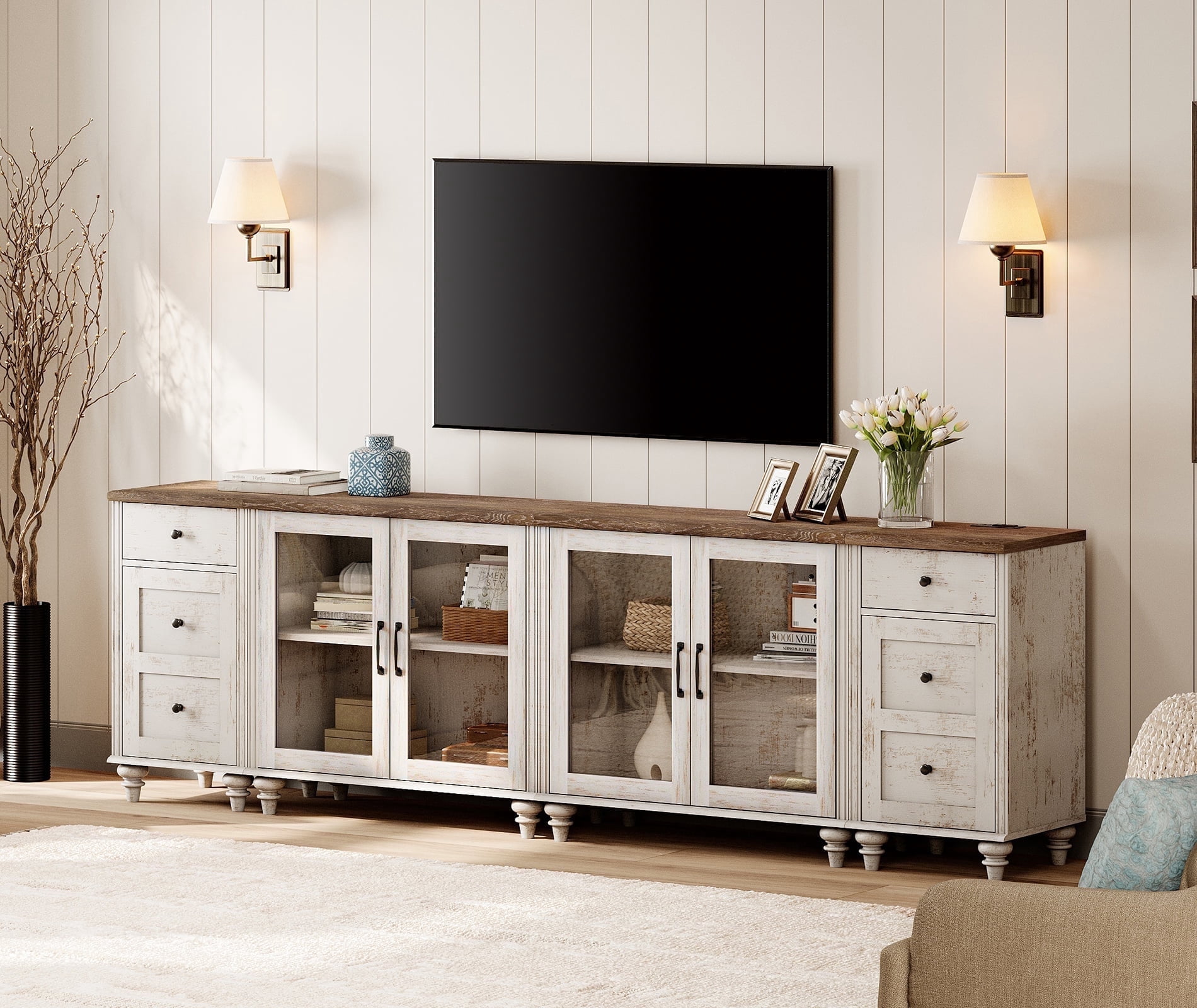 WAMPAT TV Stand for 100-Inch TV, Wood TV Console Table for 85/90/95-Inch TVs, Entertainment Center with Charging Station & Glass Door, Rustic White Kitchen Sideboard Buffet Cabinet for Dining Room