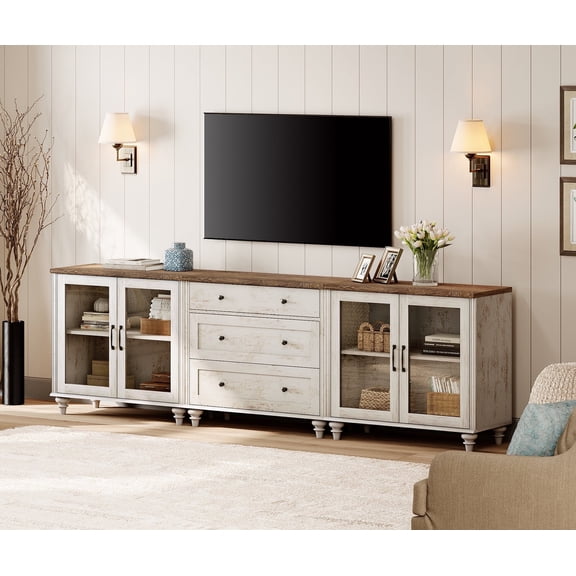 WAMPAT 100-Inch TV Stand, Entertainment Center with Glass Door & Drawer, 3-in-1 TV Console Table for 75/80/85/90-Inch TVs, Kitchen Sideboard Buffet Cabinet for Dining Room, Rustic White