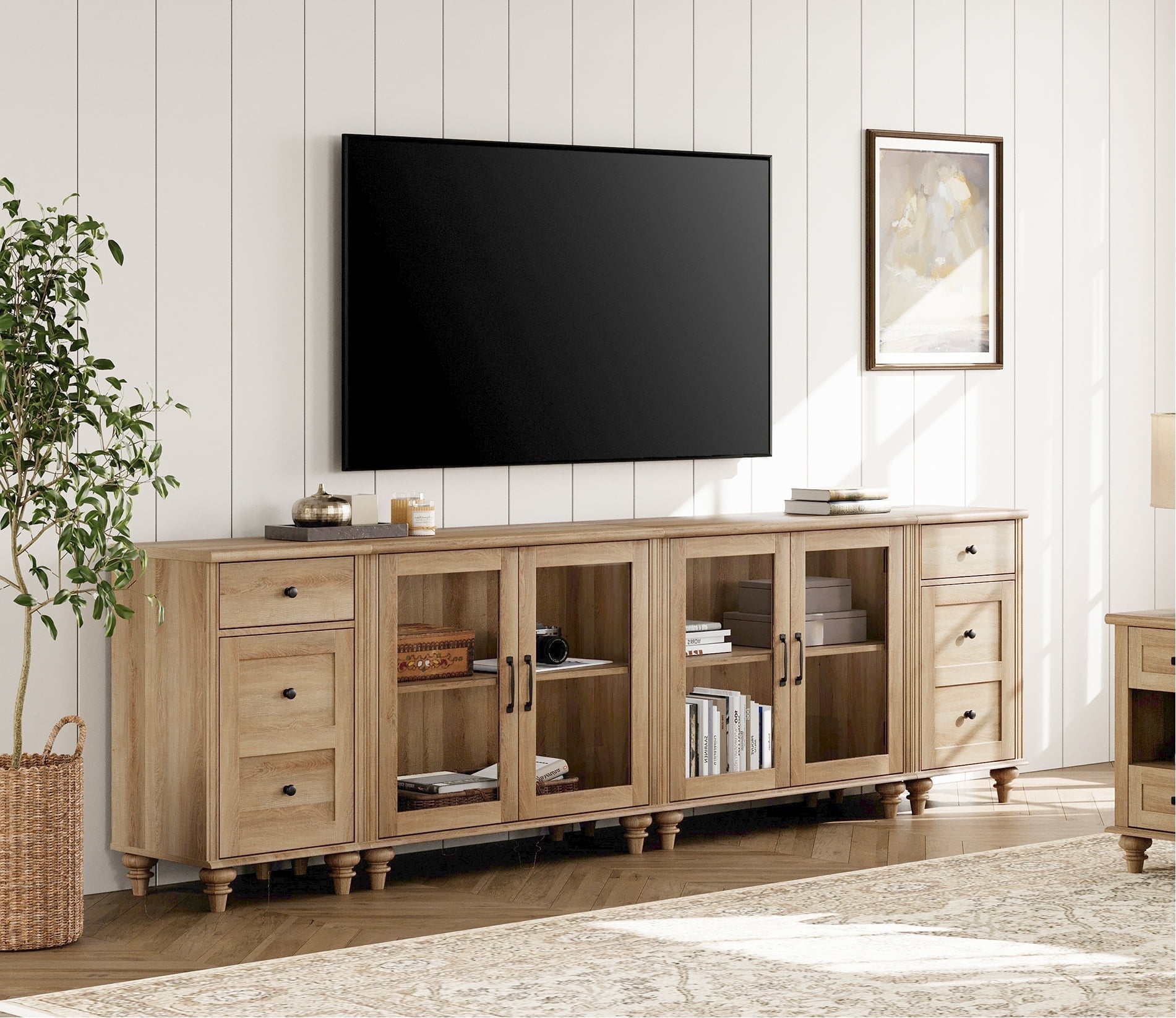 WAMPAT TV Stand for 100 Inch TV, Wooden TV Console Table for 85 90 95 Inch TV, Entertainment Center with Charging Station & Glass Door, Kitchen Sideboard Buffet Cabinet for Dining Room, Oak