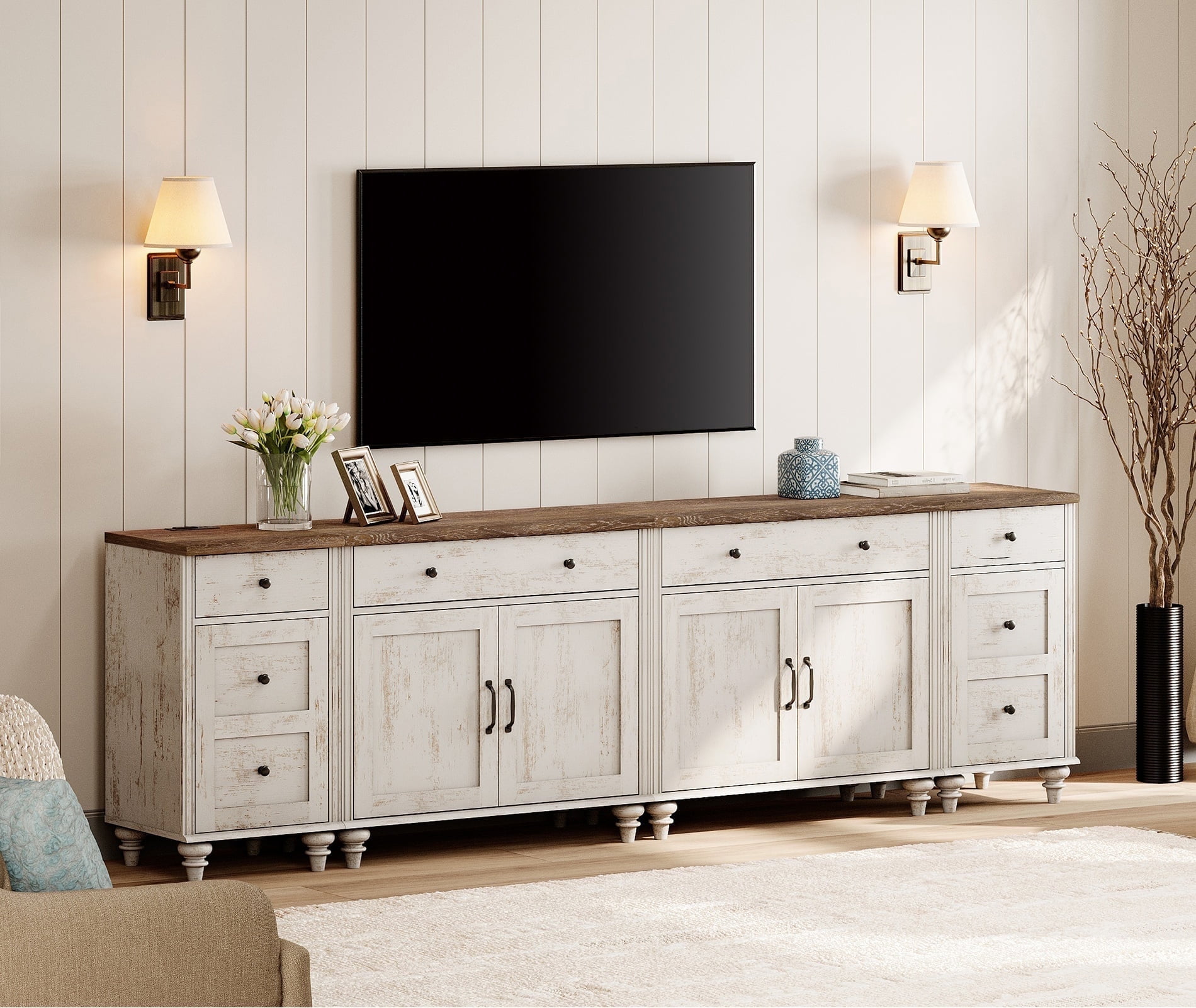 WAMPAT TV Stand for 100 Inch TV, 4-in-1 TV Console Table for 75/80/85/90 Inch TV, Farmhouse Entertainment Center with Charging Station, Kitchen Sideboard Buffet Cabinet for Dining Room, Rustic White