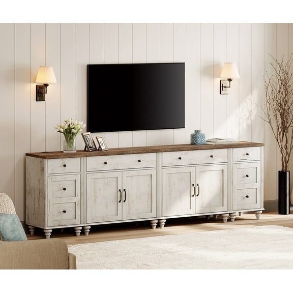 WAMPAT TV Stand for 100 Inch TV, 4-in-1 TV Console Table for 75/80/85/90 Inch TV, Farmhouse Entertainment Center with Charging Station, Kitchen Sideboard Buffet Cabinet for Dining Room, Rustic White
