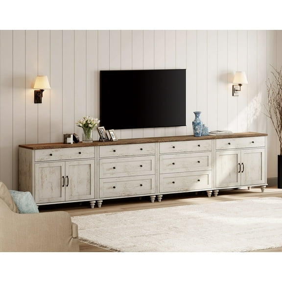 TV Stand for 100 Inch TV, 4-in-1 TV Console Table with 8 Drawers and 4 Doors, Farmhouse Entertainment Center, Kitchen Sideboard Buffet Cabinet for Dining Room, Rustic White