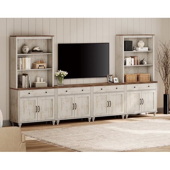 WAMPAT Farmhouse Entertainment Center with Bookshelves with Glass Doors & Drawer,Wall Unit TV Stand for TVs up to 75", Media Console Table for Living Room, Bedroom & Home Theater, Rustic White