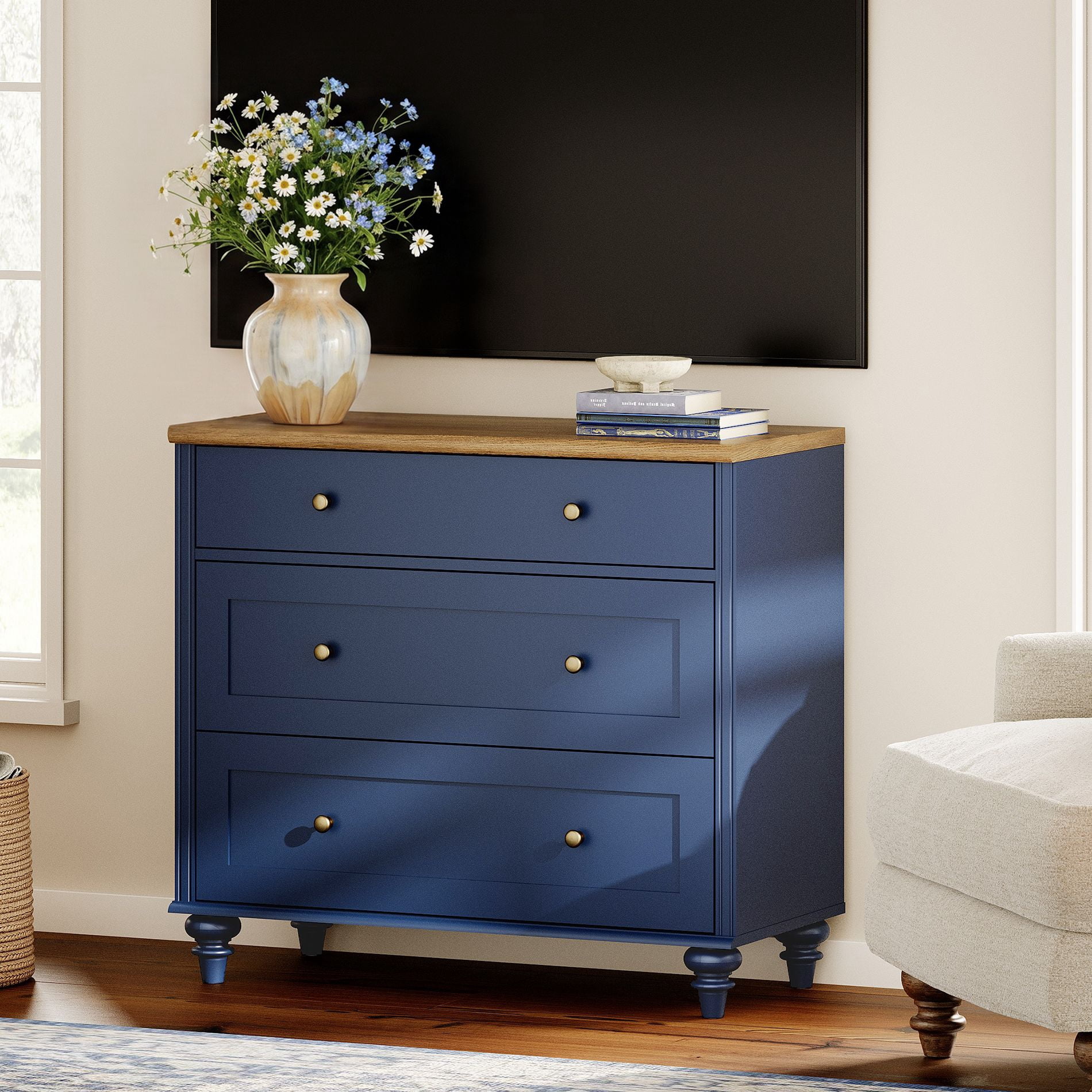 TV Stand for 43 Inch TV, Kitchen Buffet Sideboard with 3 Drawers, TV Cabinet for Living Room and Dining Room, Navy Blue