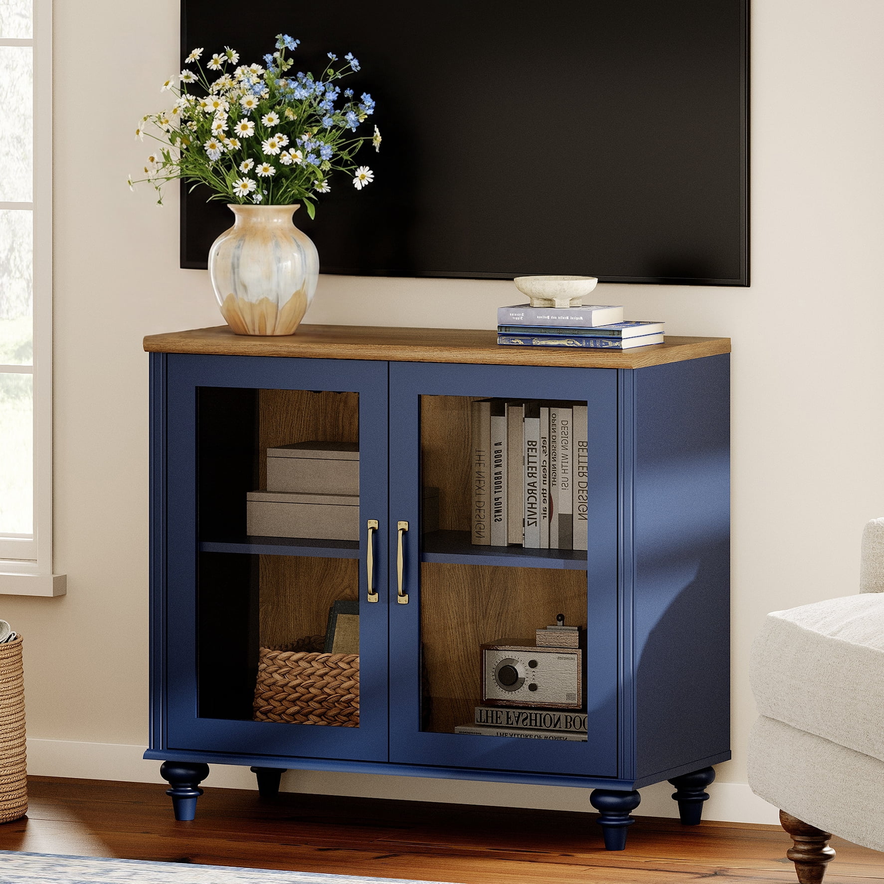 TV Stand for 43 Inch TV, Kitchen Buffet Sideboard with Glass Doors, TV Cabinet for Living Room and Dining Room, Navy Blue