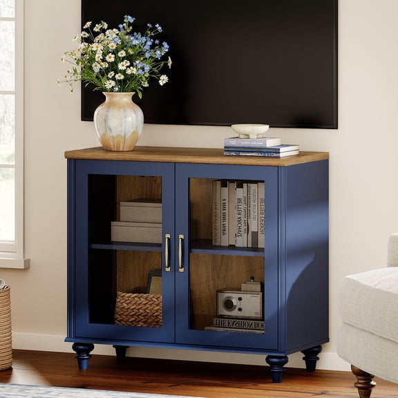 TV Stand for 43 Inch TV, Kitchen Buffet Sideboard with Glass Doors, TV Cabinet for Living Room and Dining Room, Navy Blue