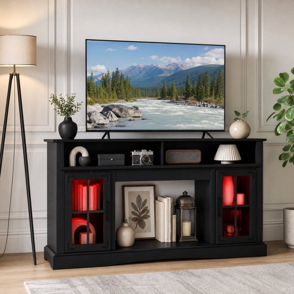 TV Stand for 50 Inch TV with Remote Control, LED Entertainment Center with Glass Door, Media Console Cabinet for Living Room,Black