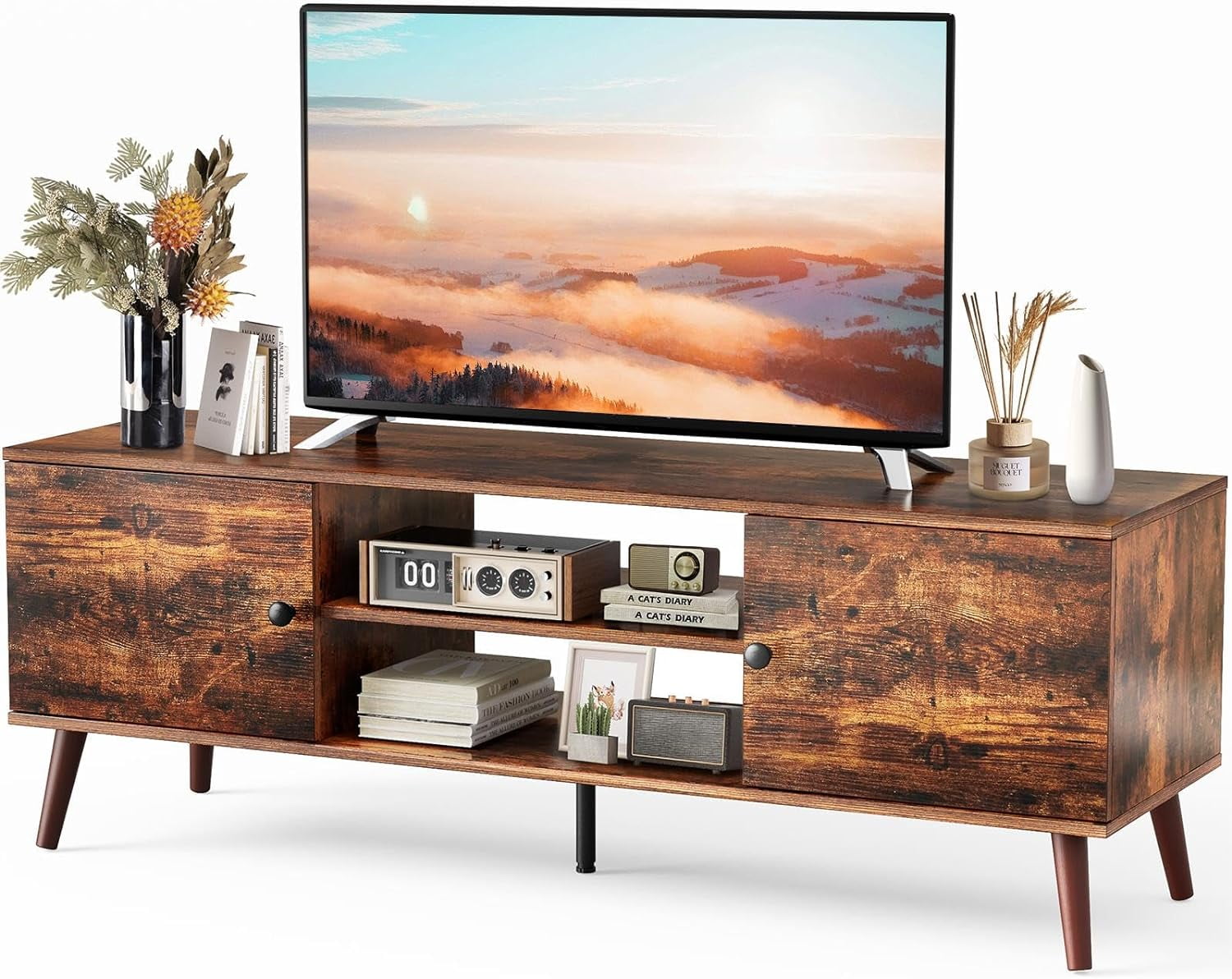TV Stand for 55 60 inch TV, Modern Mid Century Entertainment Center with Storage, Media Console Table 2 Cabinet, for Living Room, Office, Rust Brown