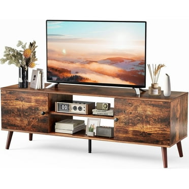 TV Stand for 55 60 inch TV, Modern Mid Century Entertainment Center with Storage, Media Console Table 2 Cabinet, for Living Room, Office, Rust Brown