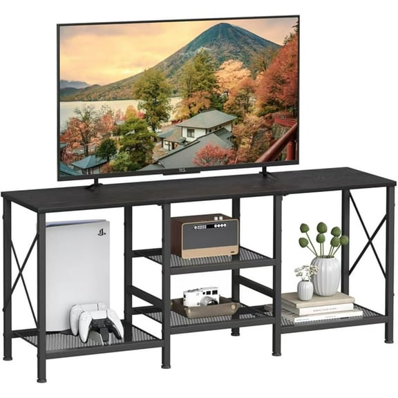 TV Stand for 55 Inch TV, Entertainment Center with 3-Tier Open Shelves, TV Console Table for Living Room, Bedroom, Black