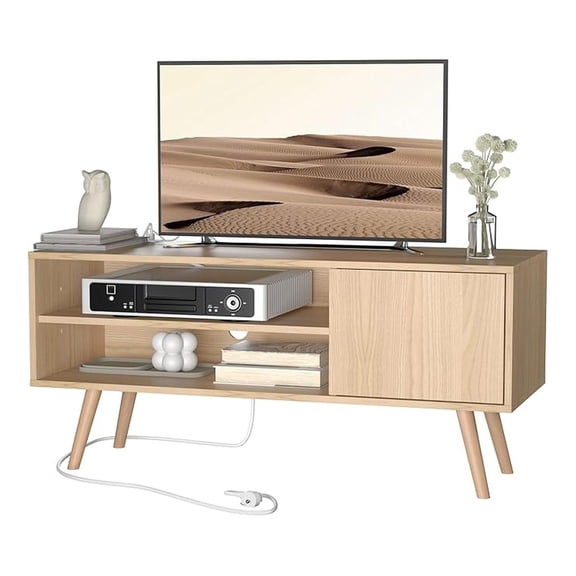 TV Stand for 55 Inch TV, Mid Century Modern Entertainment Center with Storage, Media Console with Charging, Living Room TV Cabinet, Oak