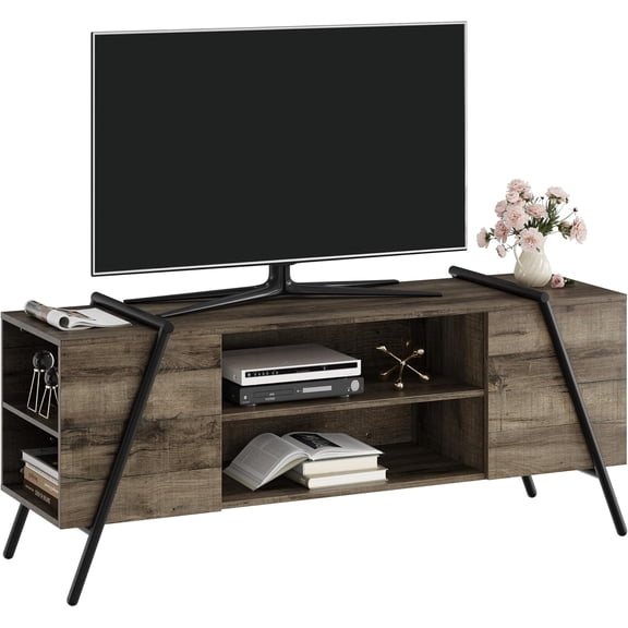 TV Stand for 60 65 Inch TV, Modern Mid Century Entertainment Center with Adjustable Shelves, Storage Cabinet, U-Shaped Metal Legs, Retro Gray