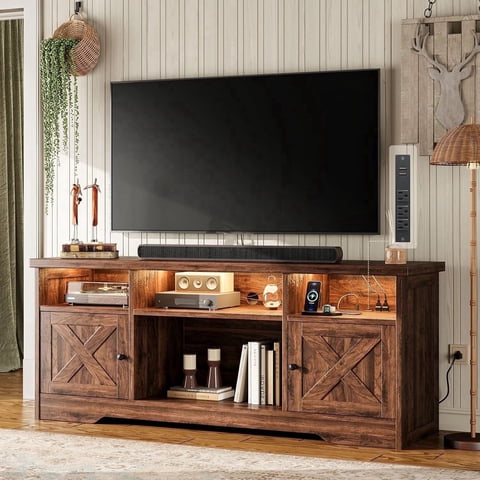 Farmhouse LED TV Stand for 65 Inch TV, Entertainment Center with Power Outlet, Media Console with Storage Cabinets and Shelves, Walnut