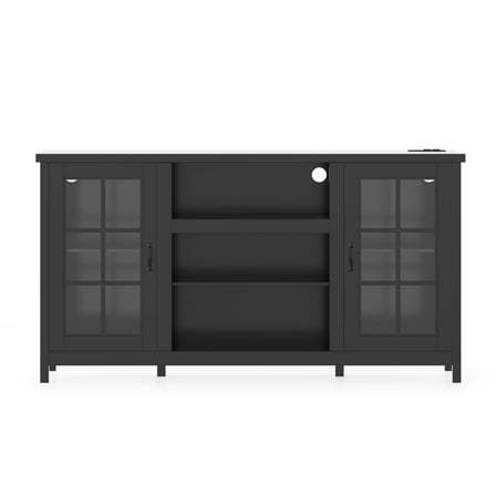 TV Stand for 65 Inch TVs, 59 Inch Media Console with Storage Cabinets and Power Outlets, Wood Grain Entertainment Center for Living Room,Black
