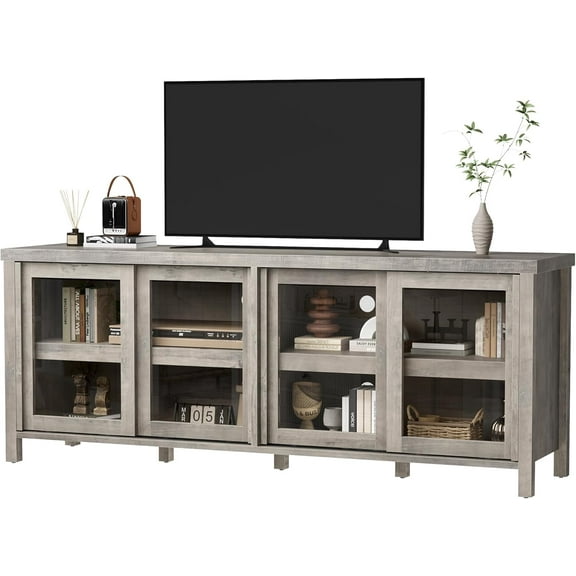 TV Stand for 65-Inch TVs， Mid-Century Modern Entertainment Center with 4 Sliding Glass Doors & Storage Cabinet(Grey)
