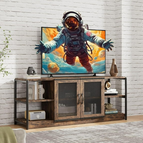 TV Stand for 65 Inches,Farmhouse Entertainment Center With Storage Cabinet and Mesh Doors,Media Console Table,Industrial Furniture for Living Room