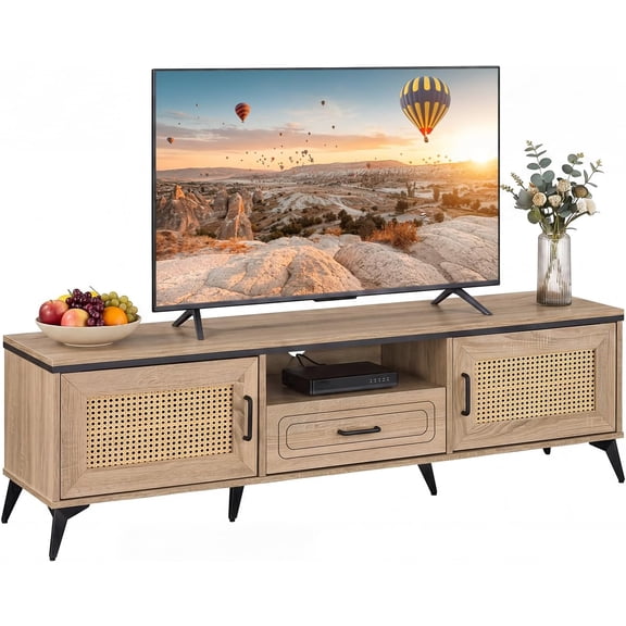 TV Stand for 65" TVs, Mid Century Modern Media Console with Rattan Doors, Drawer, Metal Legs, Cable Hole, Oak Entertainment Center