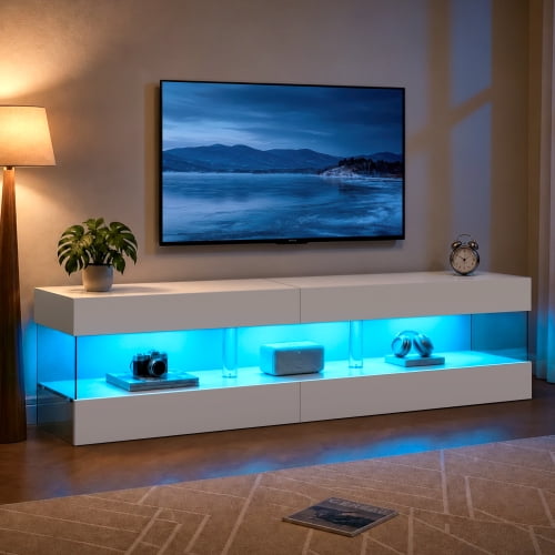 TV Stand for 70 Inch TV, LED Gaming Entertainment Center, Media Console Table for Living Room, White