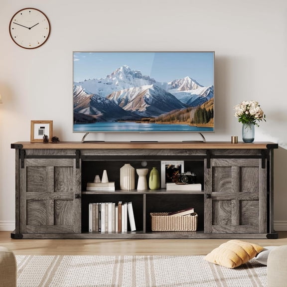 TV Stand for 75 Inch TV, 70 Inch Farmhouse Entertainment Center with Sliding Barn Doors, Rustic Wood Media Console for Living Room