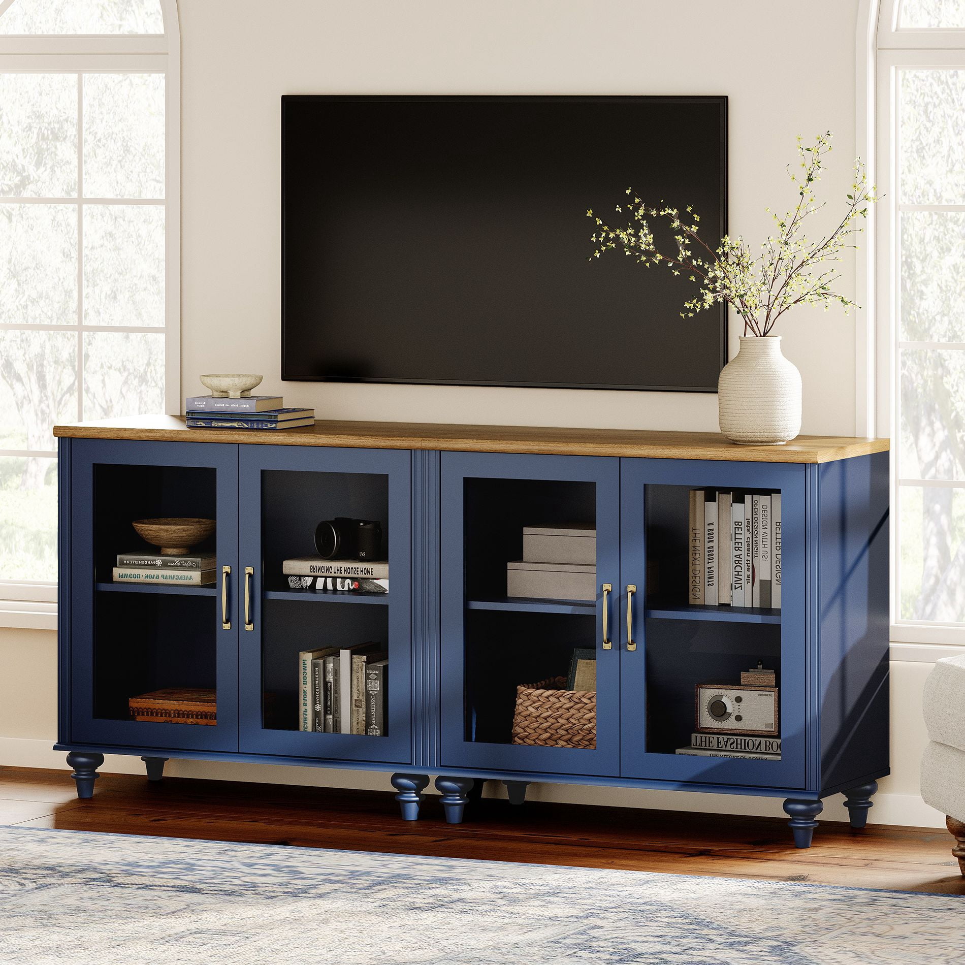TV Stand for 75 Inch TV, Kitchen Buffet Sideboard with 4 Glass Doors, TV Cabinet for Living Room and Dining Room, Navy Blue