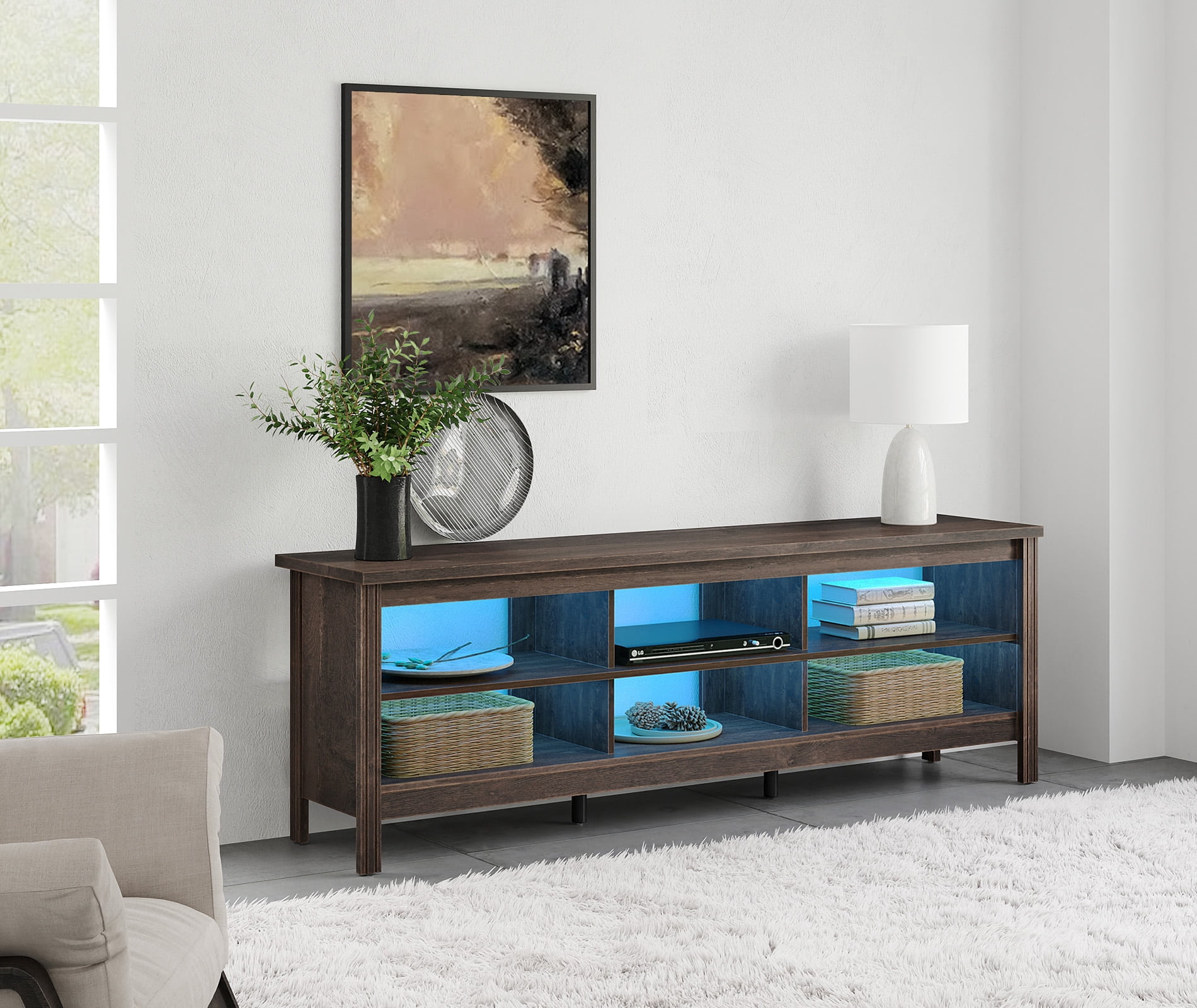 TV Stand for 75 Inch TV Stands with LED Lights, Media Console Entertainment Center Television Table with Open Shelves for Living Room, Black 70 inch