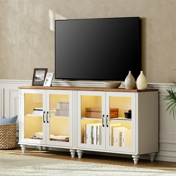 White TV Stand for 75 Inch TV, Wood Entertainment Center with Glass Door and 4 Storage for Living Room