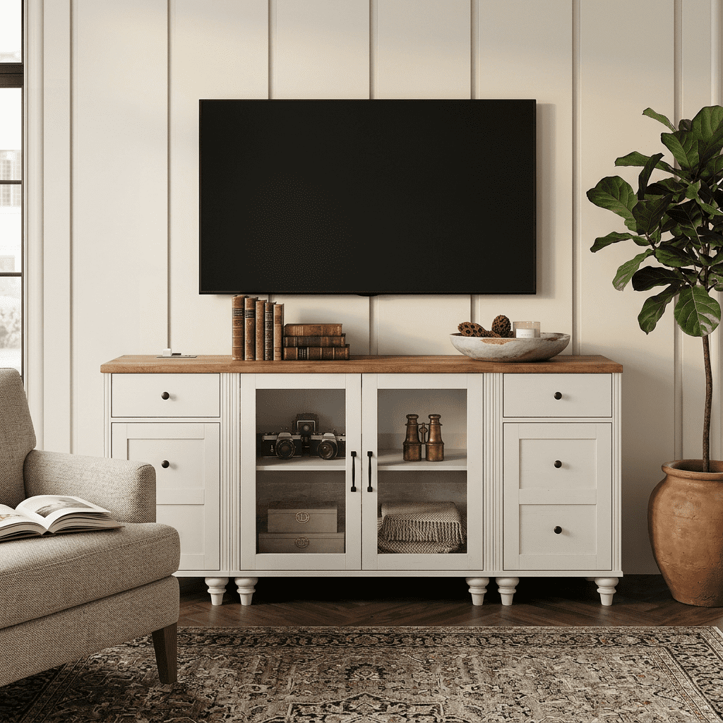 TV Stand for Up to 75 Inch TV, White Wooden Entertainment Center with Charging Station & Glass Door, Buffet Cabinet for Living Room & Dining Room