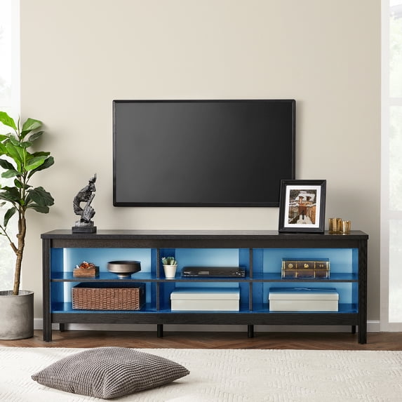 TV Stand for 75 Inch TV with LED Lights, Wood Media Console Entertainment Center Television Table with 6 Open for Living Room, Black 70 inch