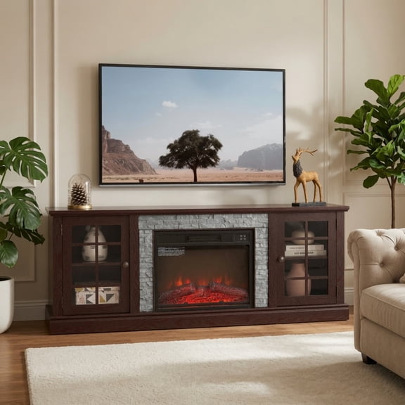 TV Stand for 75" TV, Media Console w/ 23" Fireplace & Storage, Faux Stone Entertainment Center, Cherry