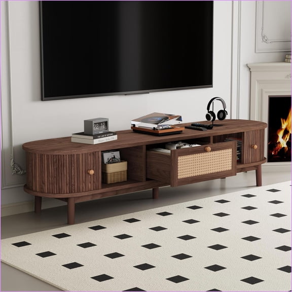 TV Stand for 75 TVs, Modern Dark Brown Media Console with Rattan Drawer & Sliding Doors | Dark Brown | TV Furniture 75 inches