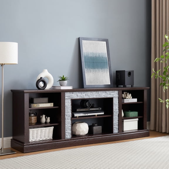 TV Stand for 75-in TV, Media Console w/ Faux Stone, Storage Cabinet & Shelves, Entertainment Center, Cherry