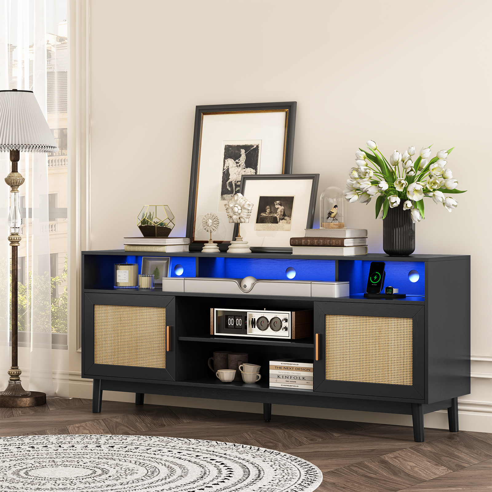 Boho Style 75 inch TV Stand with LED Lights, Rattan Decorated Doors