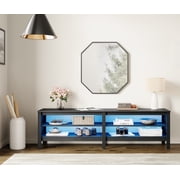 TV Stand for 75 inches Flat Screen, LED Wood Media Console Storage Cabinet Entertainment Center with 4 Open Shelves, 70 inches, Black