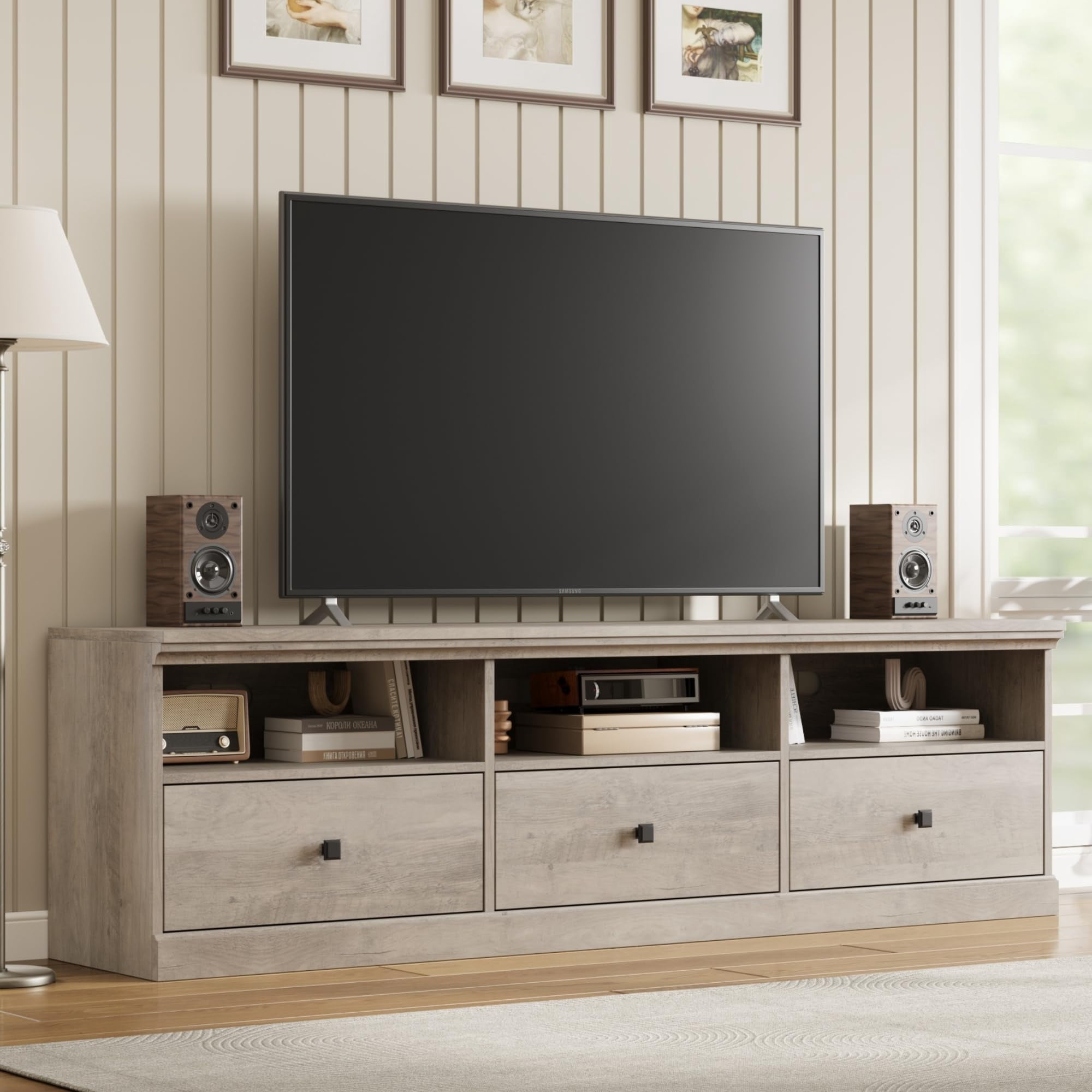 TV Stand for 75inch TV, Modern Mid Century Entertainment Center, with Storage Drawer and Open Shelves, Wooden for Living Room, Bedroom