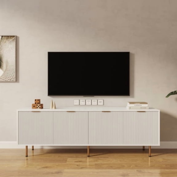 TV Stand for 80 Inch TV, Entertainment Center with Storage Cabinets and 4 Doors, Modern Media TV Console Table for Living Room Bedroom (Warm White)