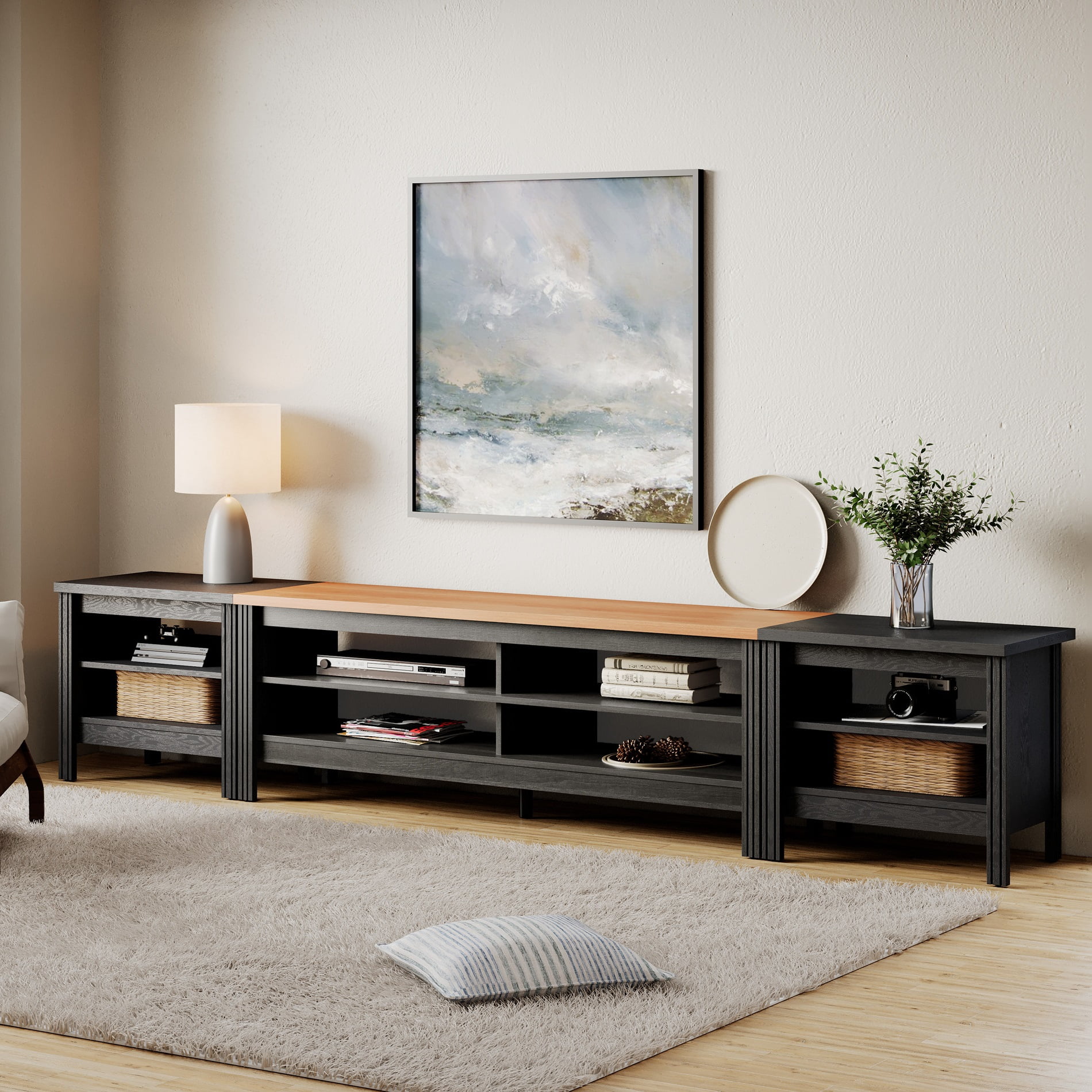 TV Stand for 85 inch TV, Wood Media TV Console Black/Oak Entertainment