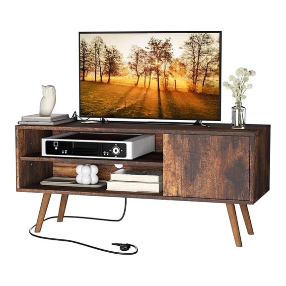 TV Stand for Inch TV, Century Modern Entertainment Center with Storage Cabinet, TV Media Console for Living Room, Bedroom, Rustic Brown