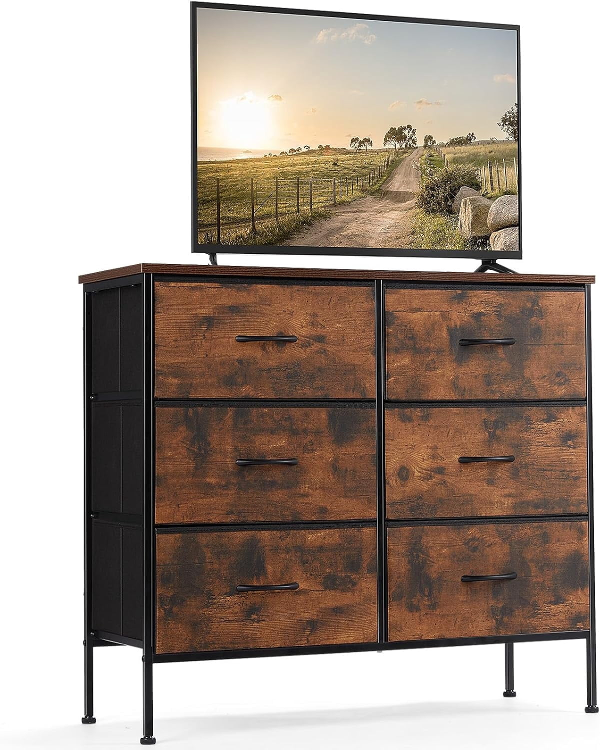 【Holiday Ready】6-Drawer TV Stand & Dresser, Multifunctional Furniture with Fabric Storage for Living Room, Bedroom, Rusty Brown