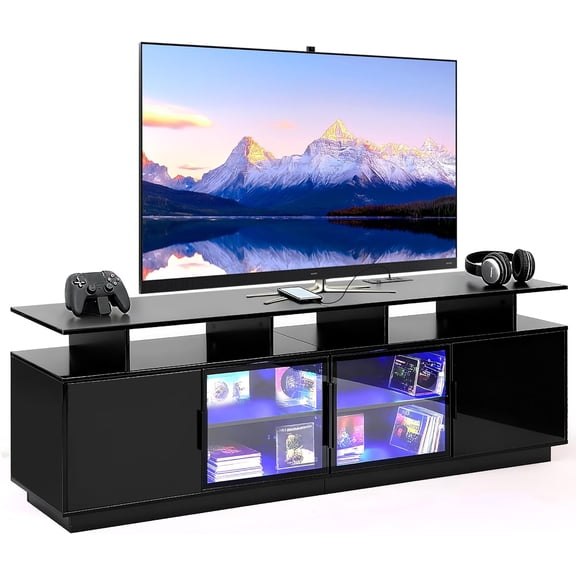 TV Stand for Living Room, LED Entertainment Center for Gaming, Modern TV Cabinet Console, Transparent Glass Door Storage Cabinet