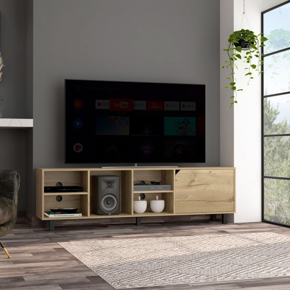 Light Oak and White TV Stand with Cabinet and Shelves