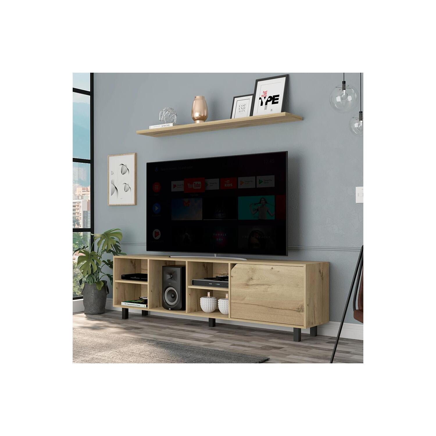 Light Oak and White TV Stand with Cabinet and Shelves