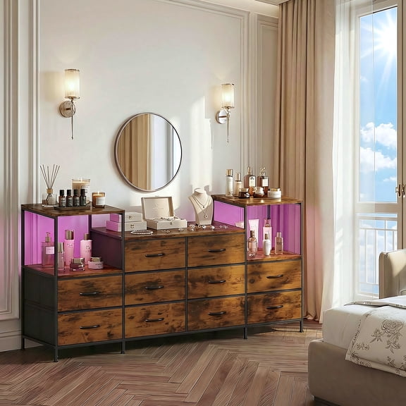 TV Stand for TV up to 57" with LED light,10 Drawers, Charging Station,Storage Cabinet with Adjustable Feets for Living Room