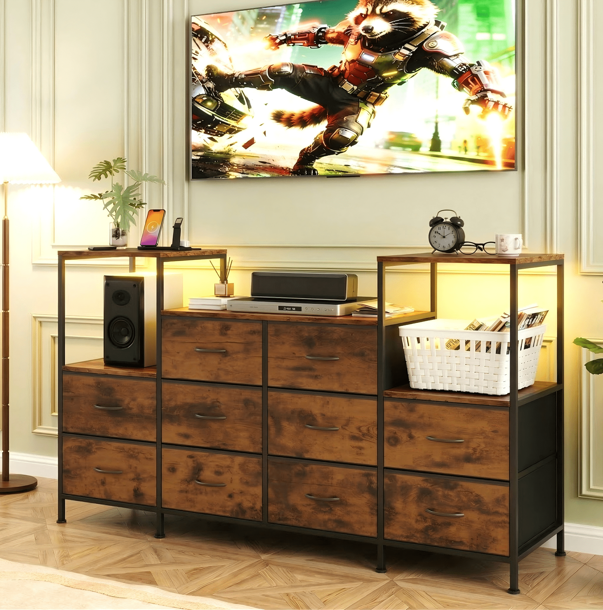 TV Stand for TV up to 57" with LED light,10 Drawers, Charging Station,Storage Cabinet with Adjustable Feets for Living Room