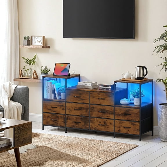 TV Stand for TV up to 57" with LED light,10 Drawers, Charging Station,Storage Cabinet with Adjustable Feets for Living Room