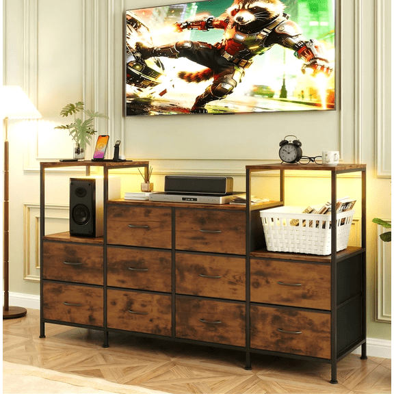 TV Stand for TV up to 57" with LED light,10 Drawers, Charging Station,Storage Cabinet with Adjustable Feets for Living Room
